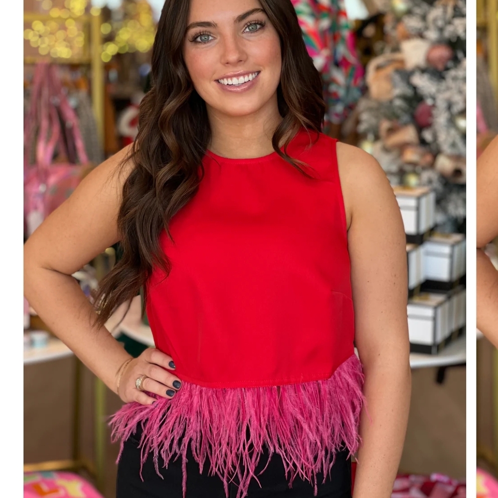 Red Sleeveless Top with Pink Feather Trim
